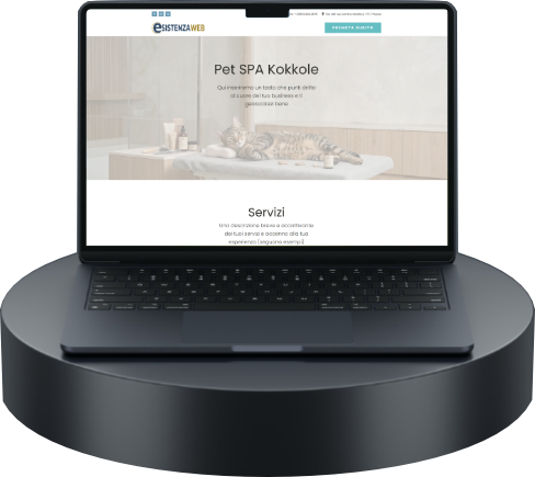 Miniatura di un laptop con l'immagine di un sito one page per saloni con design minimal